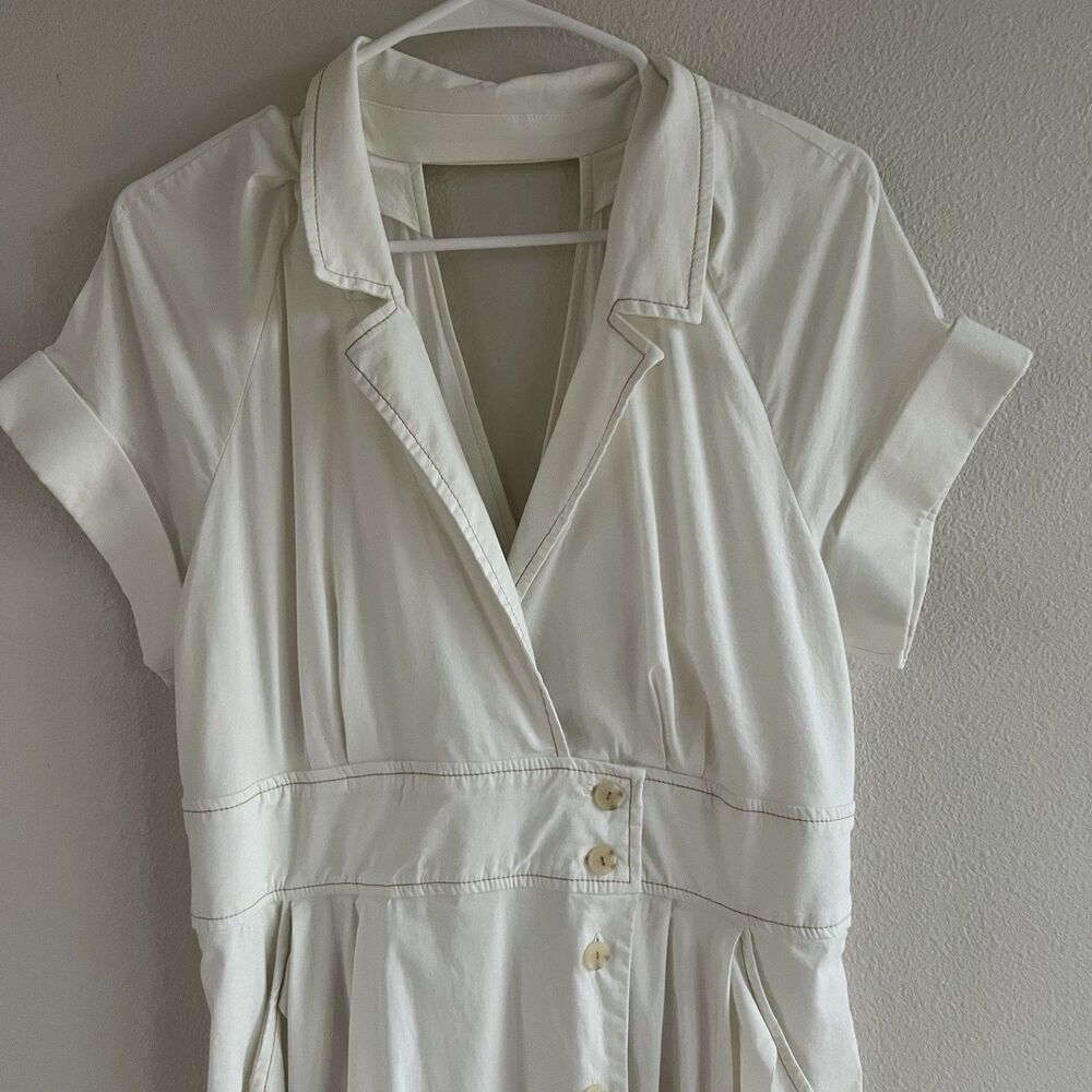 Maeve Anthropologie Poplin‎ Shirt Dress Women’s 14 Midi White Collared V Neck - Picture 4 of 14